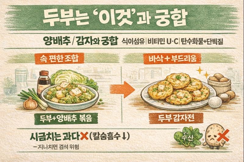 두부는 양배추·감자와 먹어야 맛+영양 UP: 두부감자전·두부양배추볶음 레시피 + 시금치 궁합 주의
