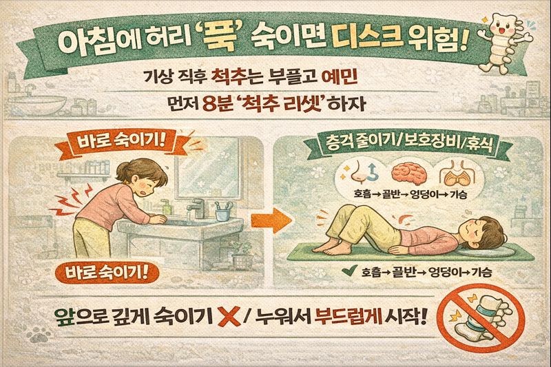 아침에 허리 푹 숙이면 디스크 터질까? 기상 직후 금지 동작과 8분 척추 리셋 루틴