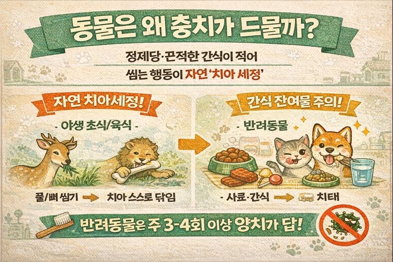 양치 안 해도 동물은 왜 충치가 드물까? 반려동물은 예외인 이유와 치아관리 팁