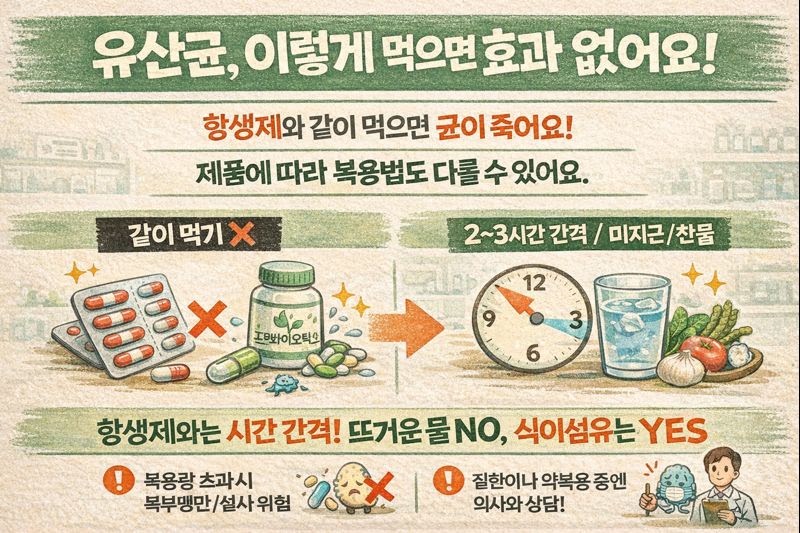 유산균 이렇게 먹으면 효과 없다: 항생제 2~3시간 간격·뜨거운 물 금지·공복 vs 식후·과다복용 주의 + 프리바이오틱스 식단