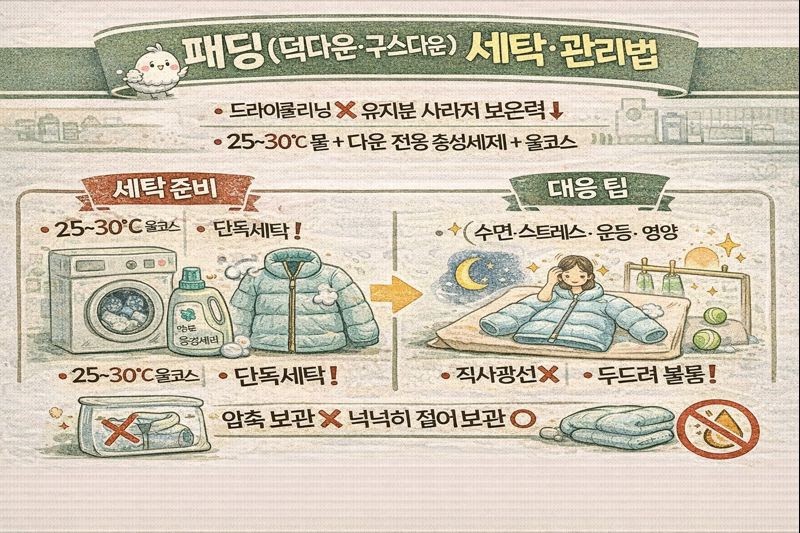 덕다운·구스다운 패딩 세탁법 총정리: 드라이클리닝 금지 이유부터 30도 물·전용세제·건조/보관 꿀팁