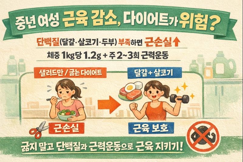 중년 여성 다이어트 근손실 경고: 계란·살코기 단백질로 근감소증 막는 법