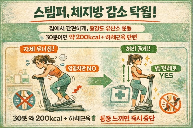 스텝퍼 30분 200kcal 소모? 체지방 감소·하체 근력 효과와 올바른 자세(무릎 통증 예방) 총정리