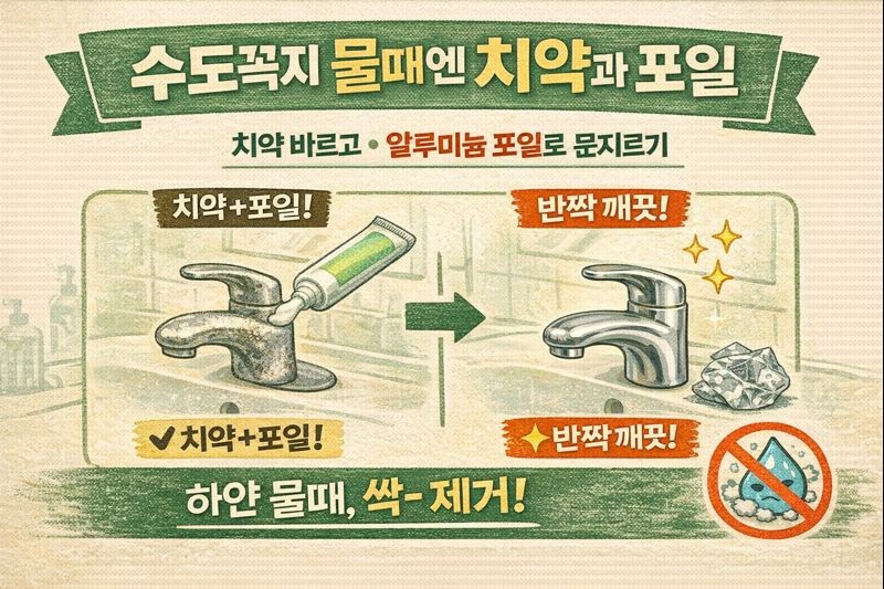 수도꼭지 하얀 물때, 치약+알루미늄 포일로 1분 청소하는 법