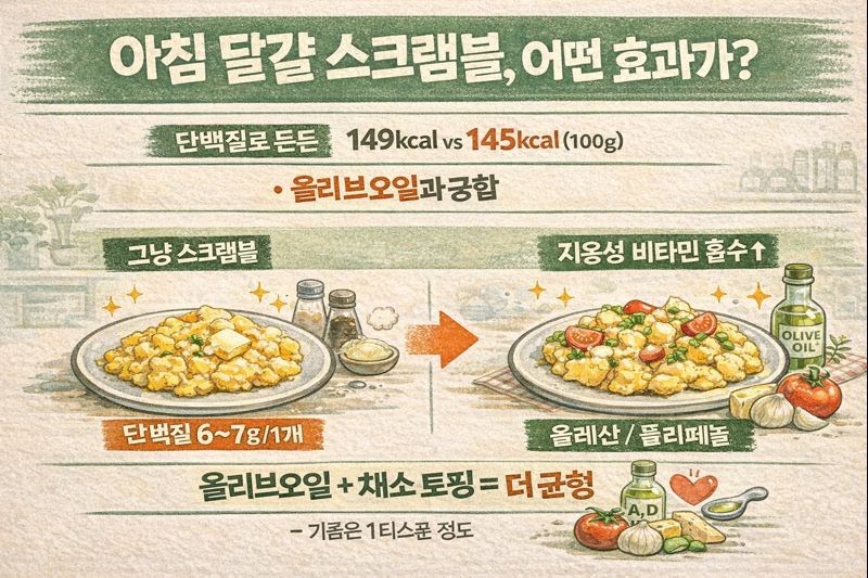 아침 달걀 스크램블 효과: 단백질·포만감은 그대로, 올리브오일 궁합으로 비타민 흡수↑ + 토마토·양파·치즈 조합 팁