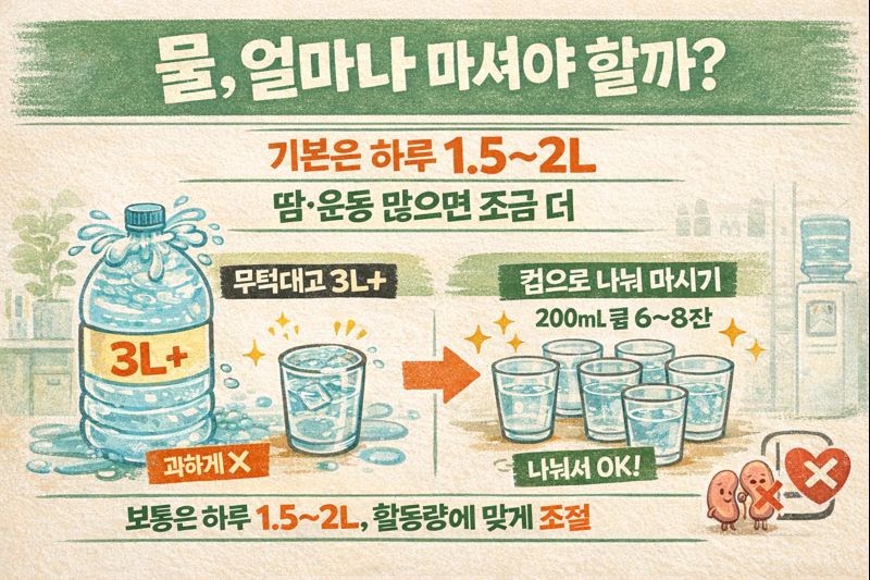 하루 물 섭취량 정리: 2L가 정답일까? 체중·활동량 기준 + 과다 섭취 위험(신장·심장 질환)