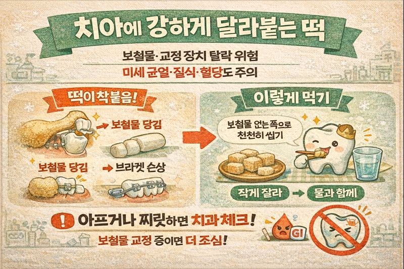 치아에 달라붙는 떡, 보철물 있으면 더 위험! 인절미·가래떡 씹는 법과 균열·질식·혈당 주의