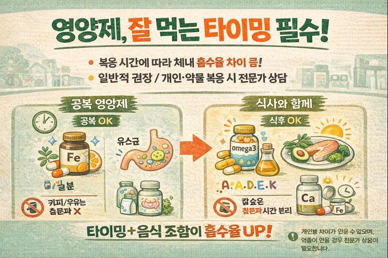 영양제 흡수율 높이는 복용 시간표: 철분·오메가3·유산균·비타민D 언제 먹어야 할까?
