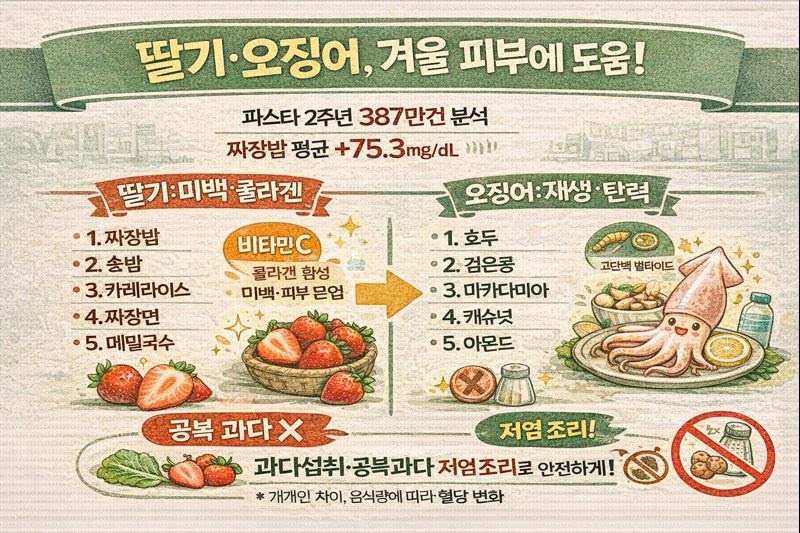딸기·오징어 피부에 좋은 이유: 비타민C 미백·콜라겐 vs 아연·타우린 탄력(주의사항까지)