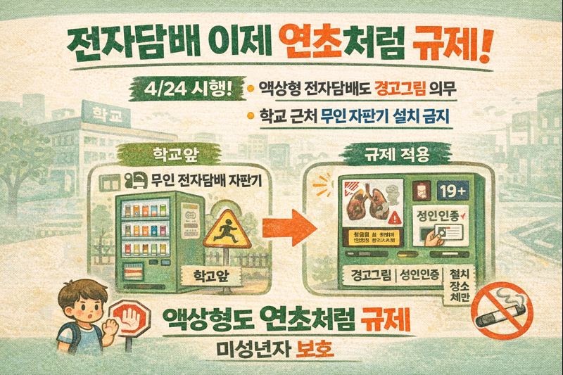 4월24일부터 합성니코틴 액상 전자담배도 ‘담배’…무인판매점·경고그림·금연구역 과태료 규제 강화