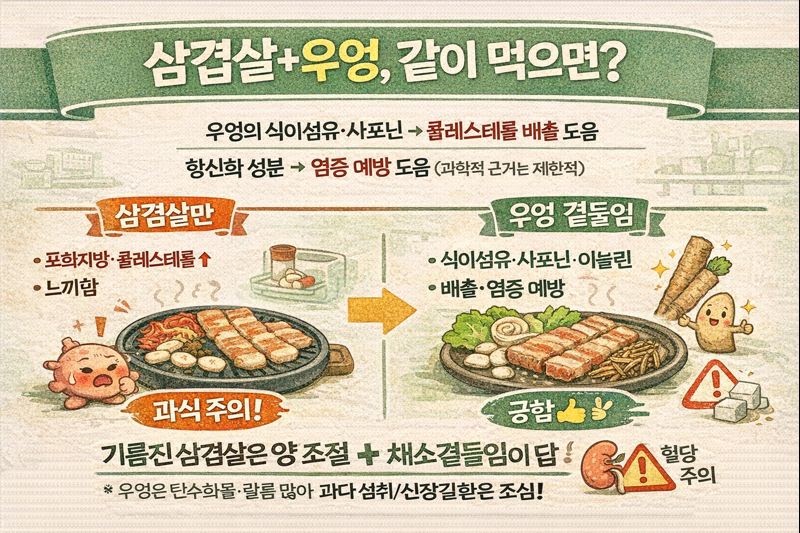 삼겹살+우엉 같이 먹었더니? 콜레스테롤·염증에 도움 되는 이유와 과식 주의점