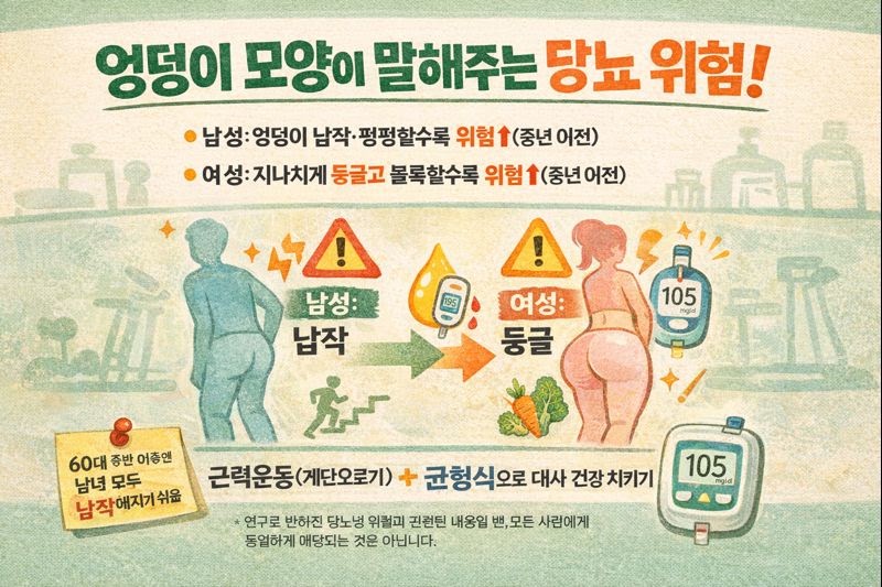 엉덩이 모양으로 당뇨 위험 체크? 남성은 납작할수록·여성은 둥글수록 위험↑(중년기 이전)