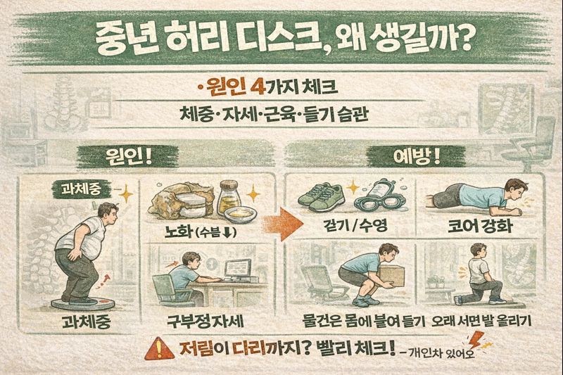 다리까지 저릿한 허리 디스크 원인 4가지: 과체중·노화·자세·무거운 물건…중년 예방법(걷기·수영) 총정리