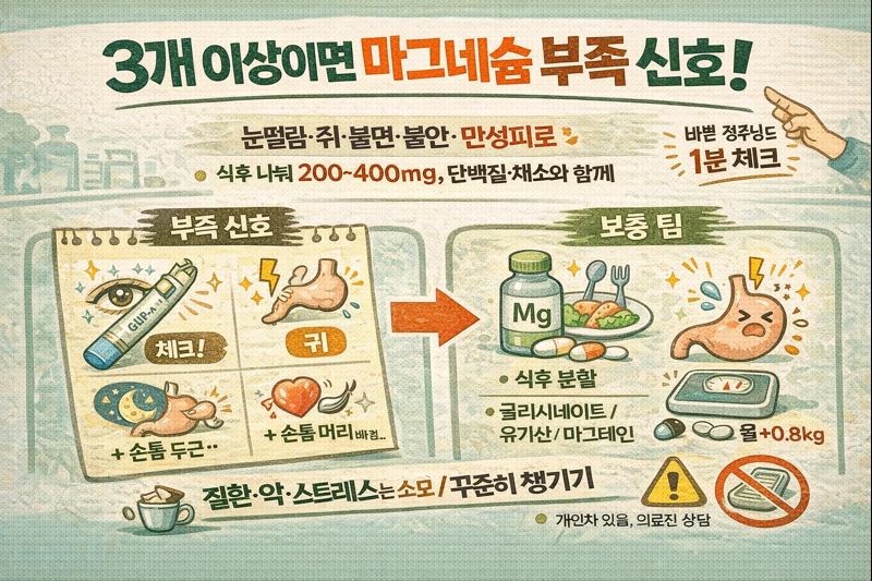 마그네슘 부족 신호 10가지: 3개 이상이면 고갈? (눈밑 떨림·불면·불안) + 흡수율 높이는 복용법