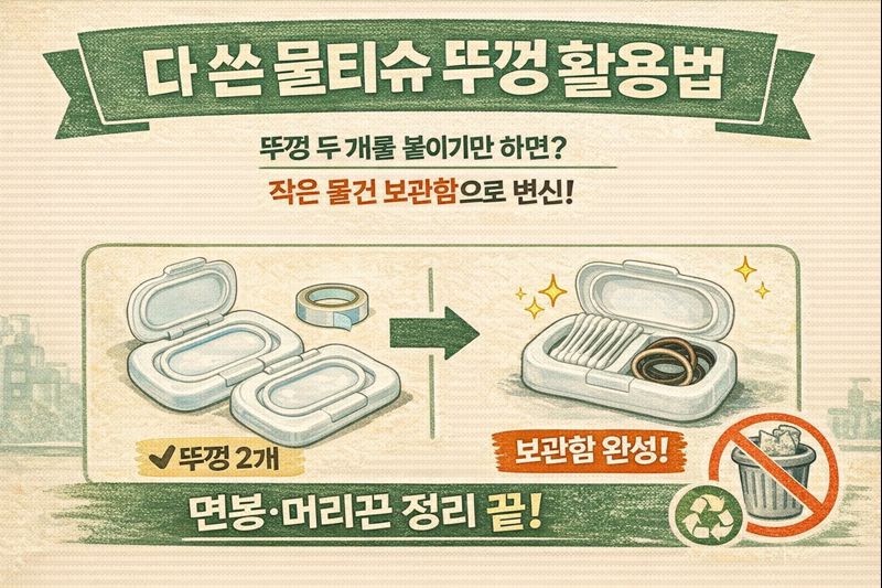 다 쓴 물티슈 뚜껑 2개로 미니 보관함 만들기: 면봉·머리끈 정리 꿀팁