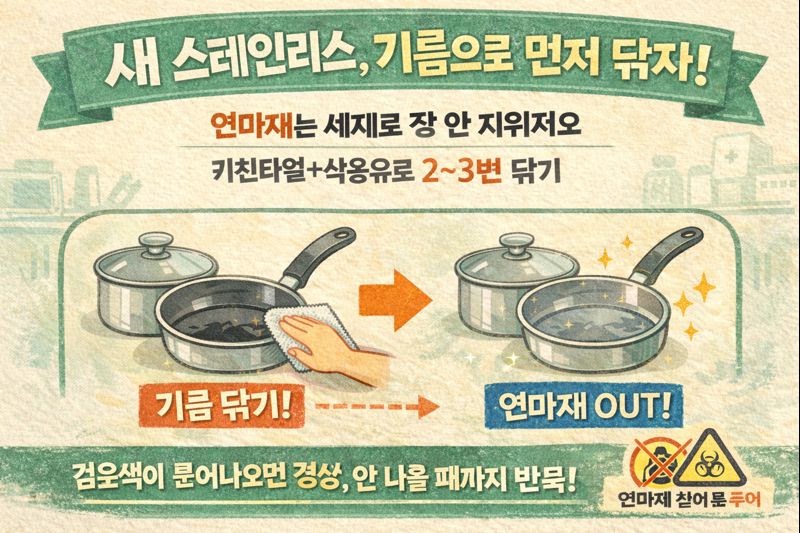 새 스테인리스 ‘기름으로 닦아야’ 하는 이유: 연마제 잔여물·발암물질 논란과 세척법