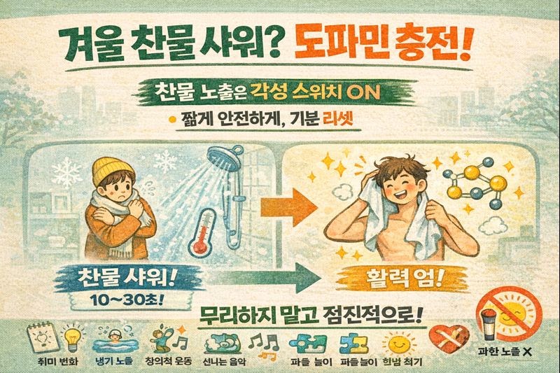 겨울에 찬물 샤워하라고? ‘도파민 충전’ 6가지(냉기노출·취미변화·움직임·음악·퍼즐·햇빛)