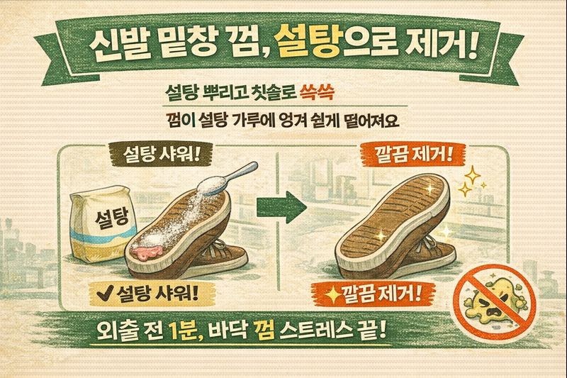 신발 밑창 껌 제거 꿀팁: 설탕 뿌리고 칫솔로 문지르면 끝!
