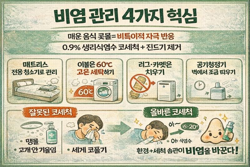 매운 음식 먹을 때 콧물 나는 이유? 알레르기성 비염 관리 핵심: 코세척(0.9% 생리식염수)·코 보습·집먼지진드기 퇴치법