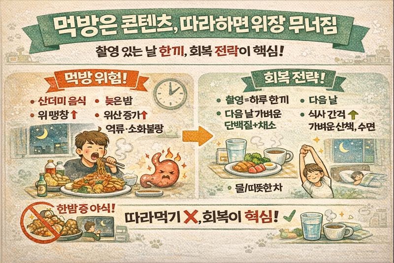 먹방 따라 하면 위가 먼저 상한다? 대식 후 회복 루틴이 중요한 이유(위염·역류 주의)
