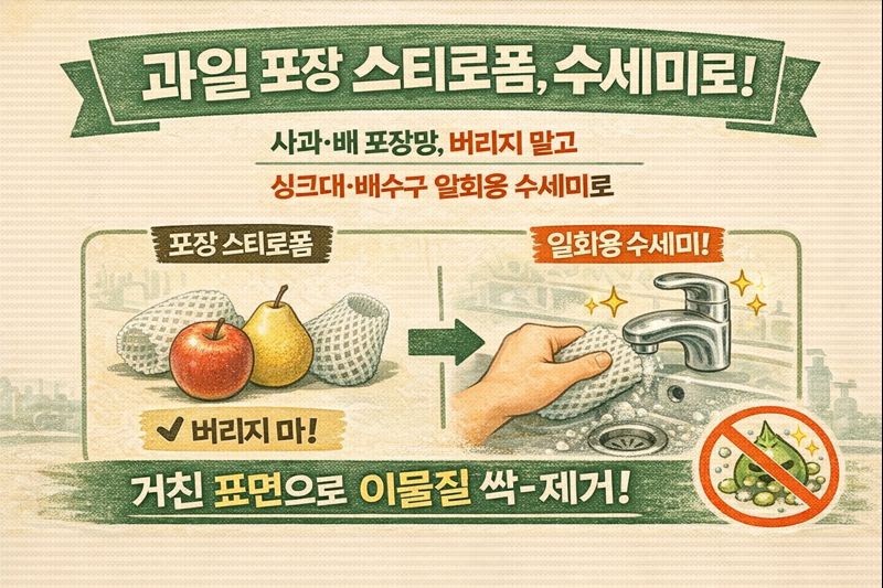 과일 포장 스티로폼 버리지 마세요: 싱크대·배수구 청소용 일회용 수세미 꿀팁