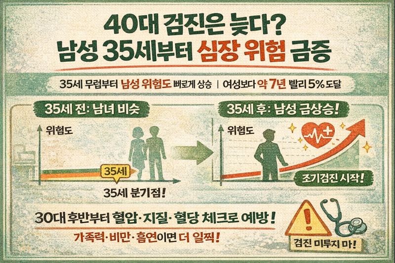 심장 질환 검진 40대는 늦다? 남성 35세부터 위험 급증…여성보다 7년 빠른 이유