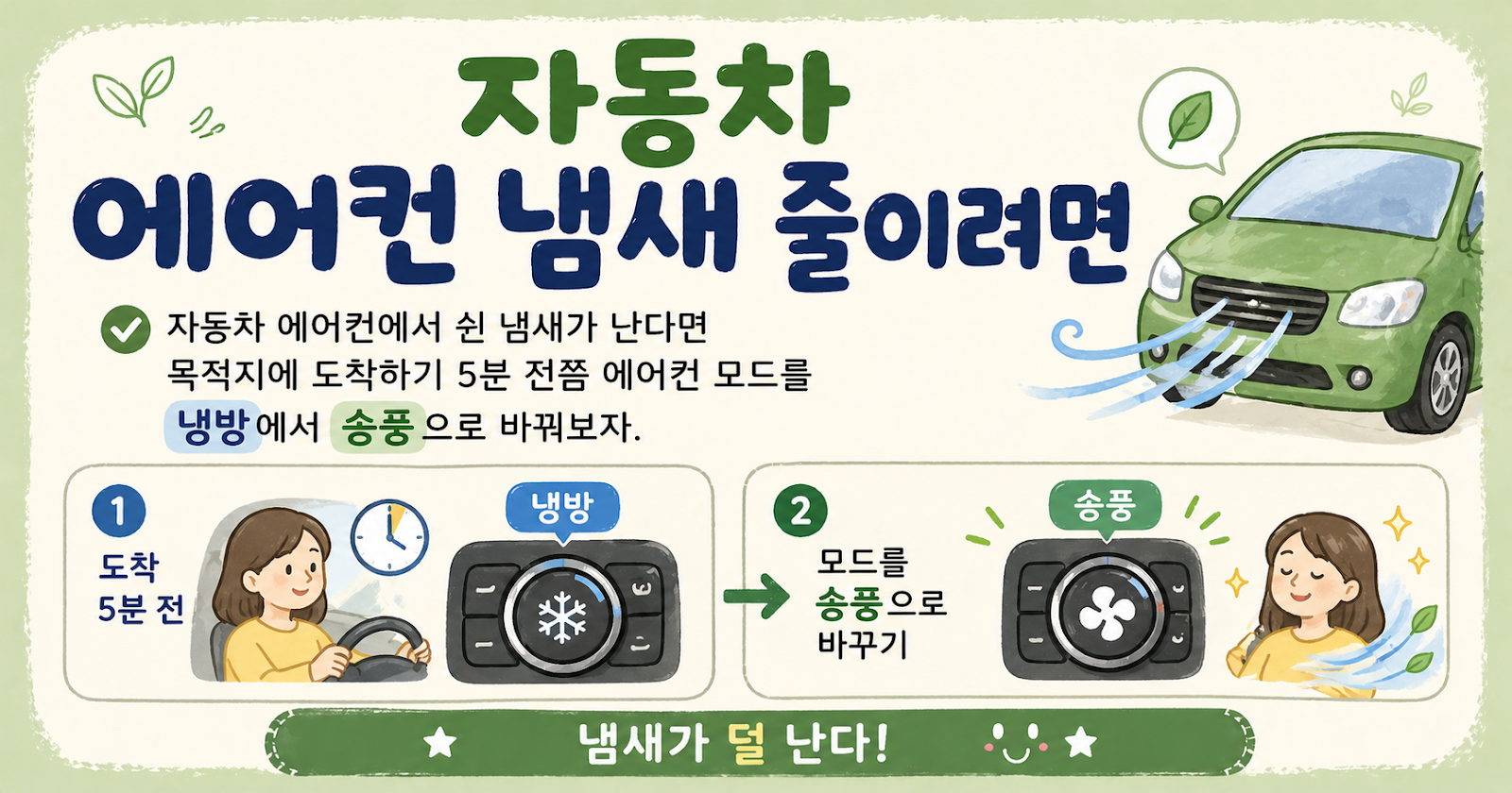 자동차 에어컨 냄새 줄이려면, 도착 5분 전 송풍으로 바꾸세요