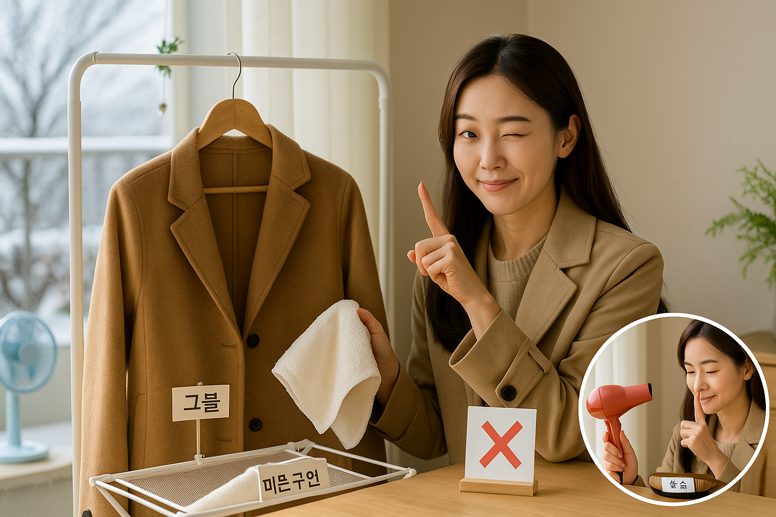 젖은 코트 말리는 법: 마른수건 물기제거→그늘건조→브러싱으로 형태 살리기