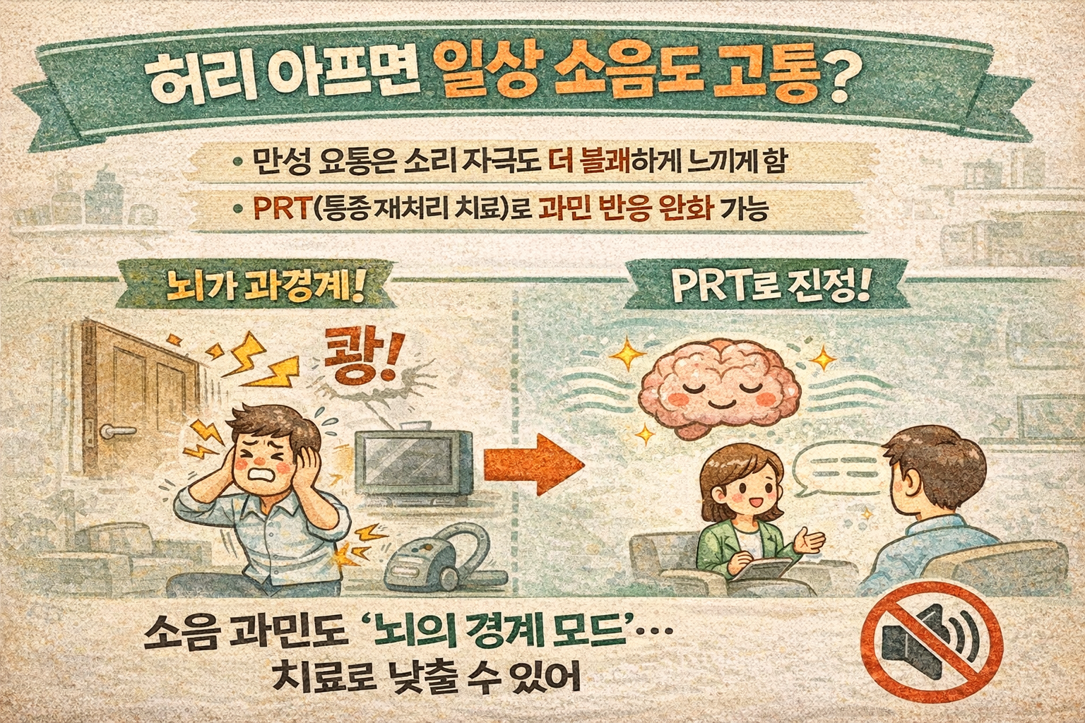 허리 아픈데 소음까지 아프다? 만성 요통이 ‘소리 과민’ 키우는 이유…PRT 심리치료로 낮추는 법