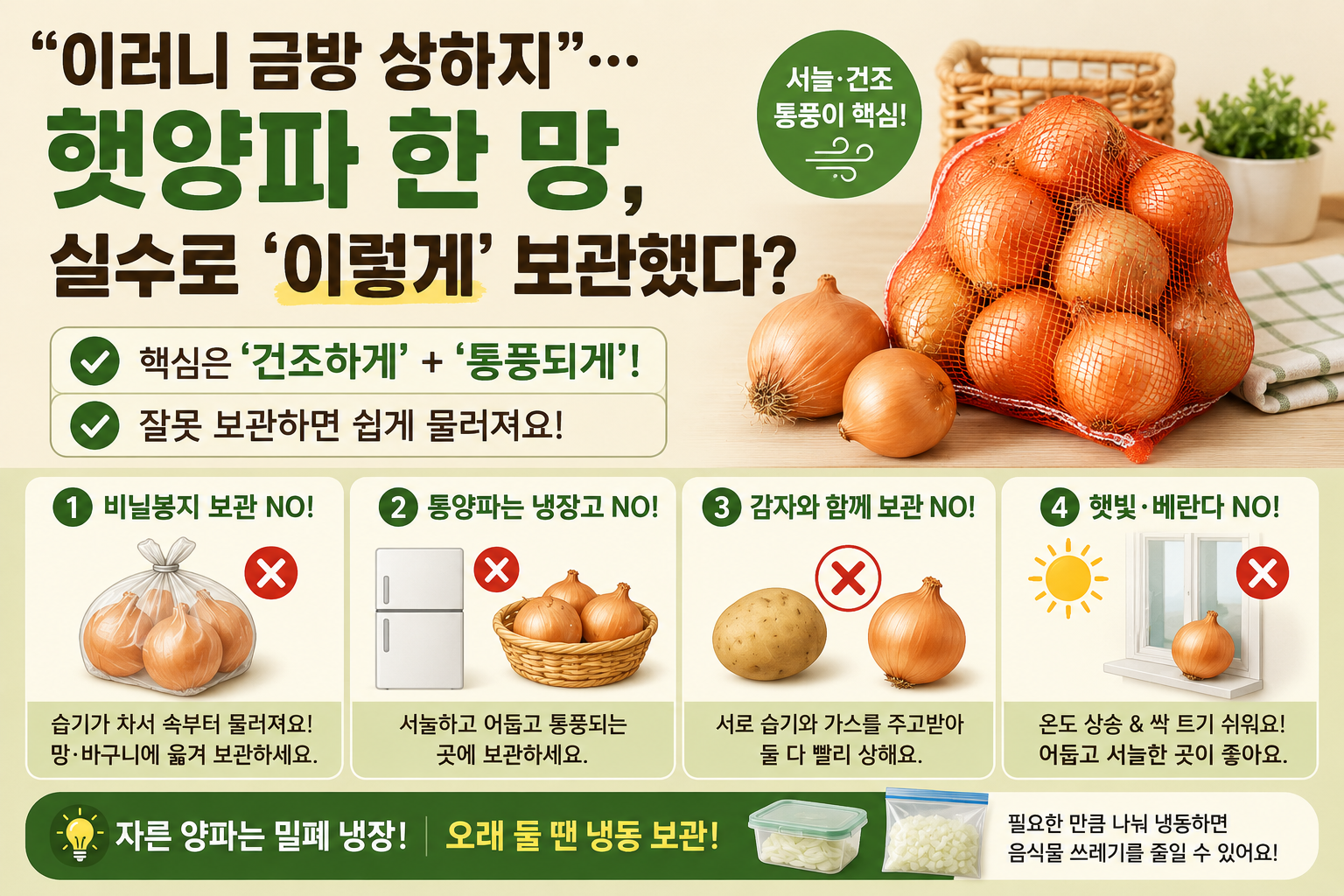 햇양파 비닐봉지째 두면 금방 무릅니다! 오래 가는 양파 보관법 5가지