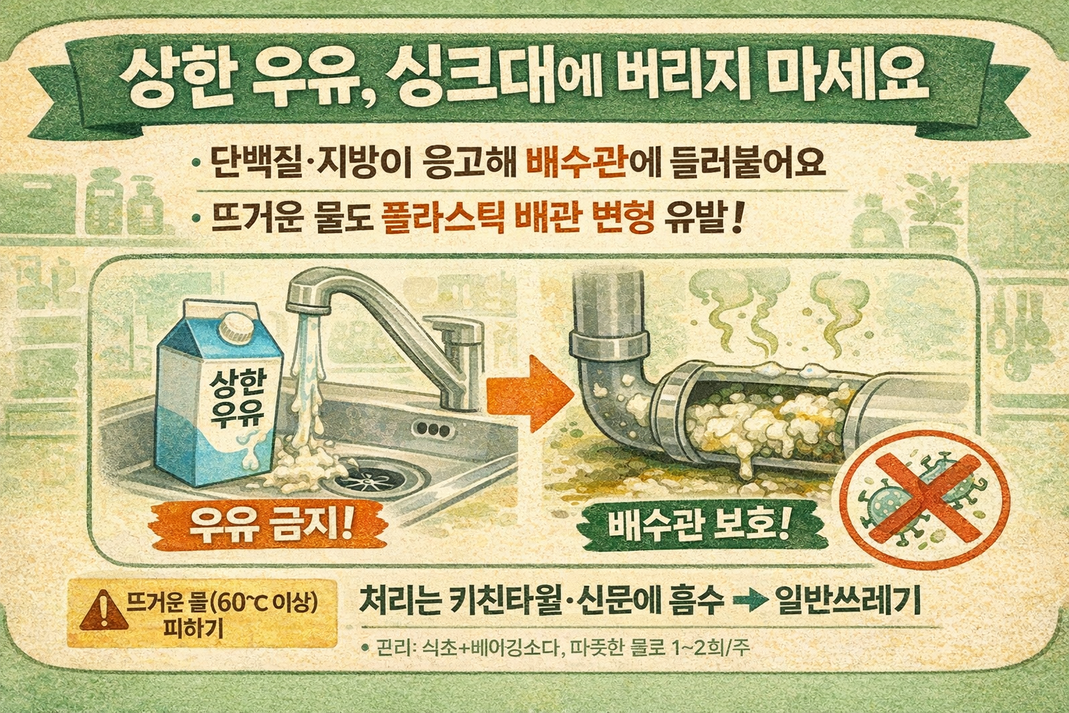 상한 우유 싱크대에 버리면 배수관 막힌다…악취·막힘 막는 처리법 5가지