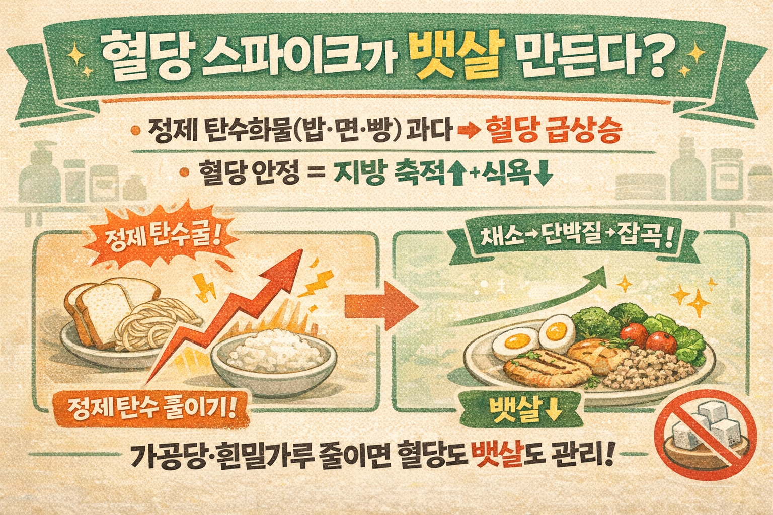 혈당 스파이크가 뱃살 만드는 이유: 밥·면·빵 줄이고 채소→단백질→탄수화물로 살 빠지는 식사법