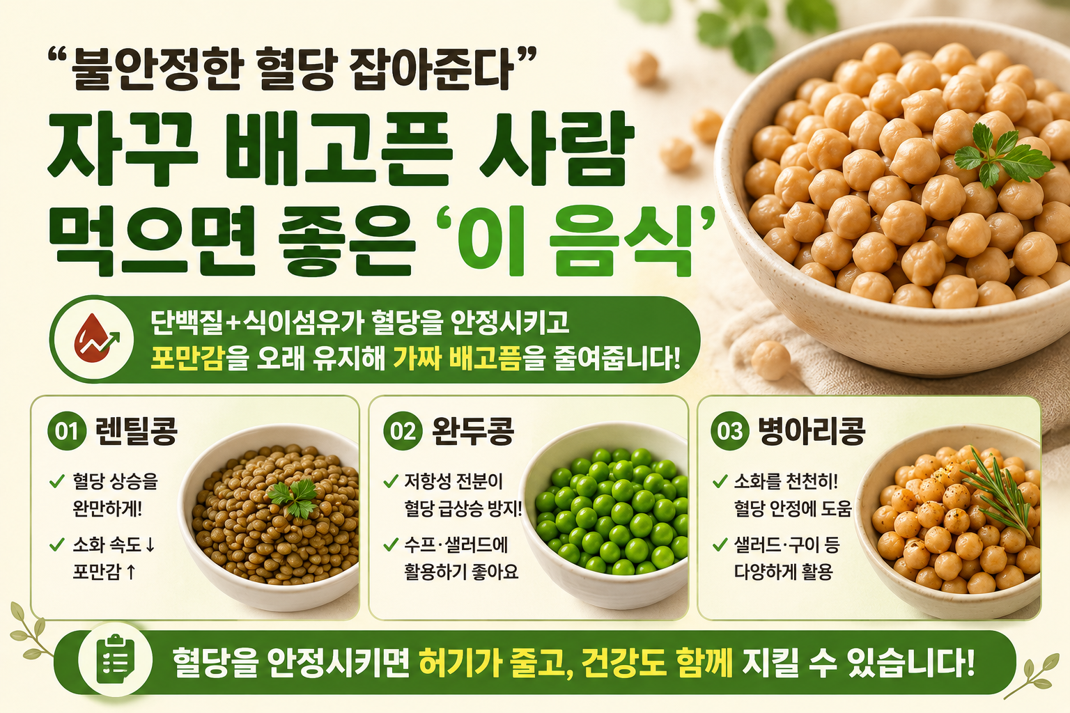 밥 먹고도 배고프다면? 혈당 흔들림 잡는 병아리콩 효능