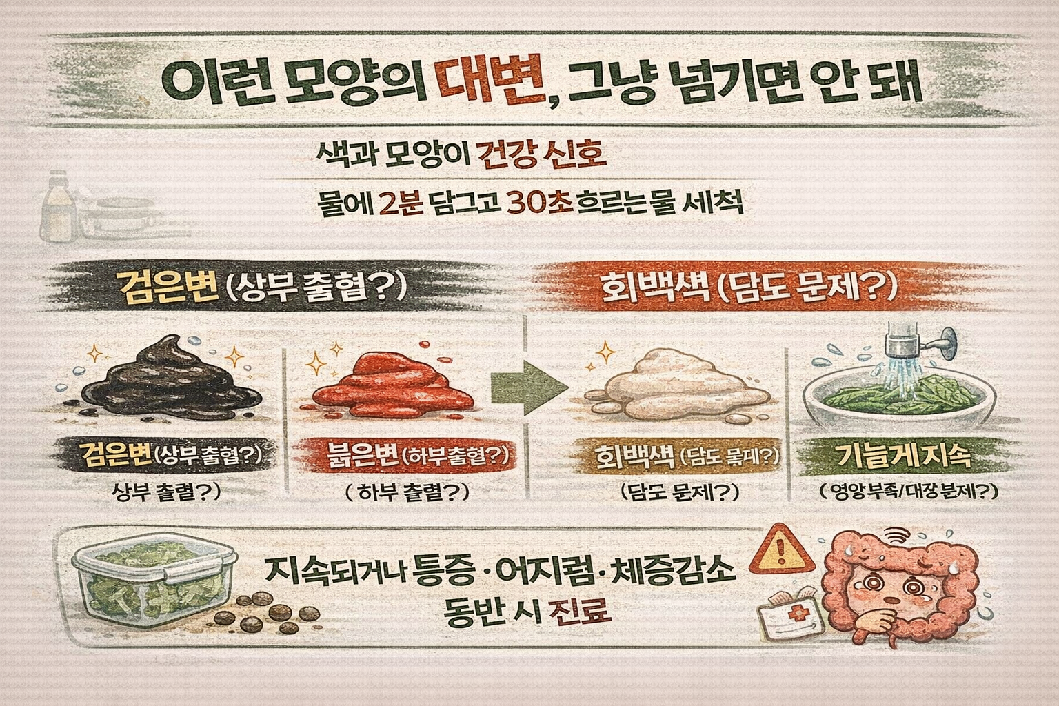 ‘이런 모양·색’ 대변이면 그냥 넘기지 마세요…검은변·붉은변·흰변, 가늘어진 변의 경고 신호