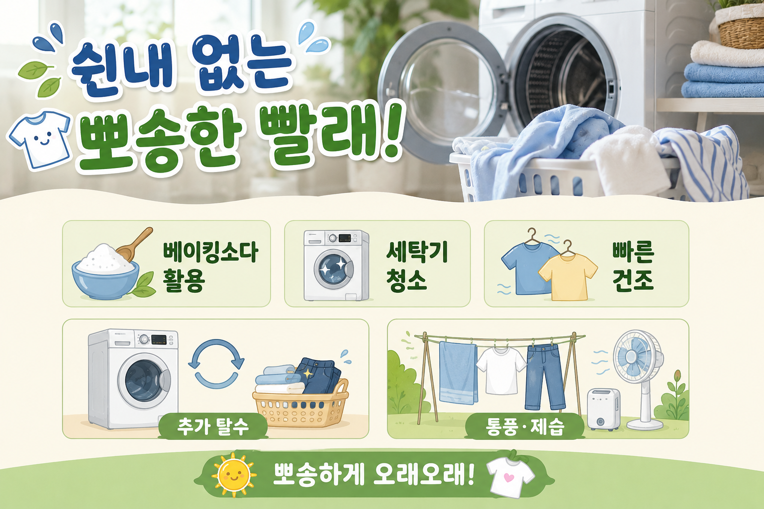 여름철 빨래 쉰내 없애는 법, 베이킹소다부터 세탁기 청소·빠른 건조까지