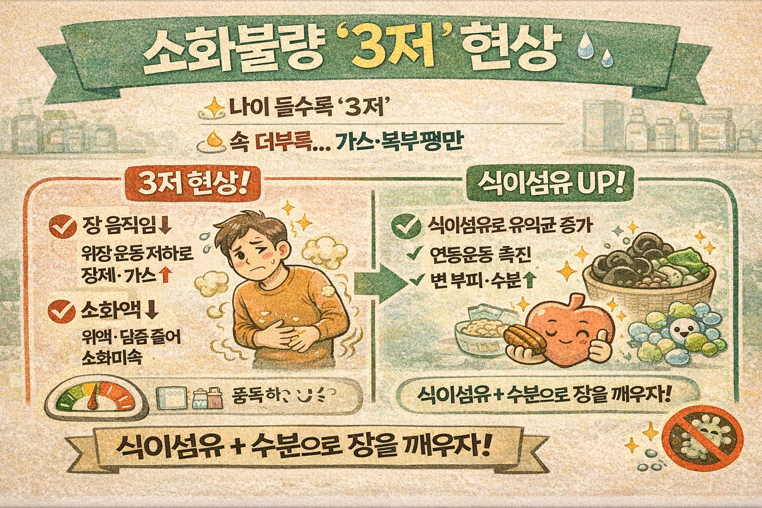 “요즘 소화가 왜 이래?” 더부룩함 부르는 의외의 3가지: 장움직임·소화액·소화효소 ‘3저 현상’ 체크