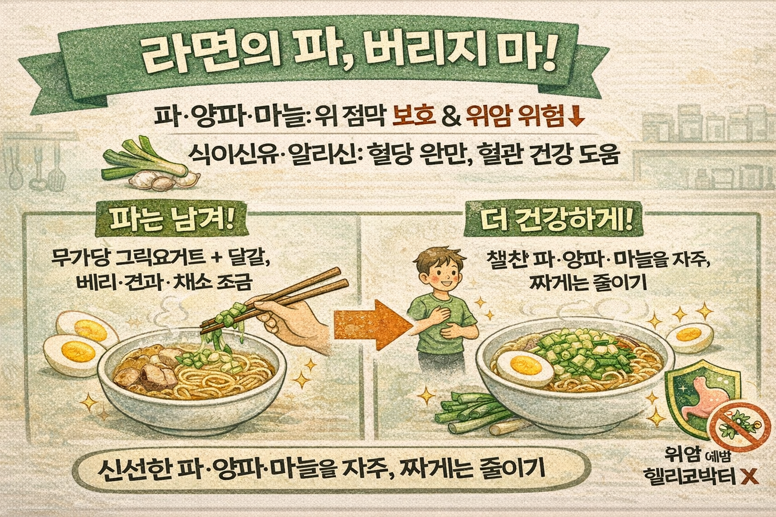 라면에서 빼던 ‘파’의 반전 효능: 위암 예방 도움·혈당 조절·콜레스테롤 억제(대파·양파·마늘)