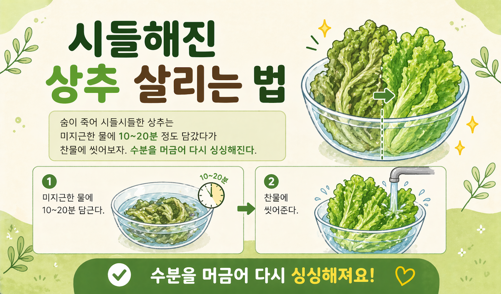 시든 상추 절대 버리지 마세요! 미지근한 물 10~20분이면 다시 싱싱해집니다
