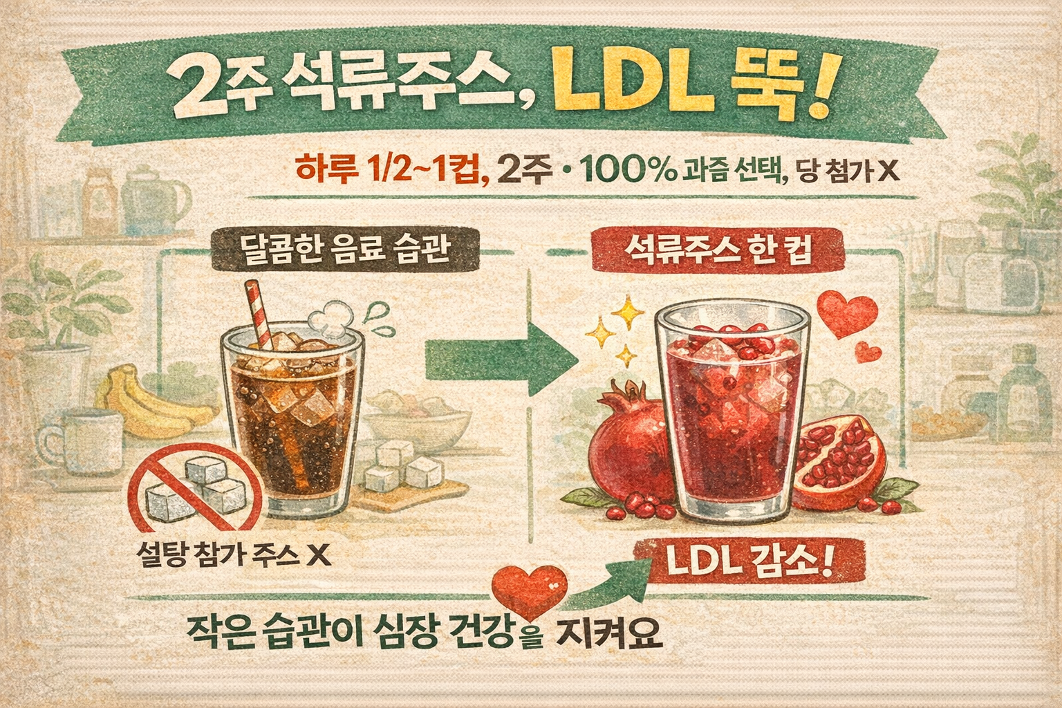 달콤한 ‘석류주스’ 2주만에 LDL 뚝? 콜레스테롤 낮추는 아침 음료 선택법(100% 과즙·권장량)