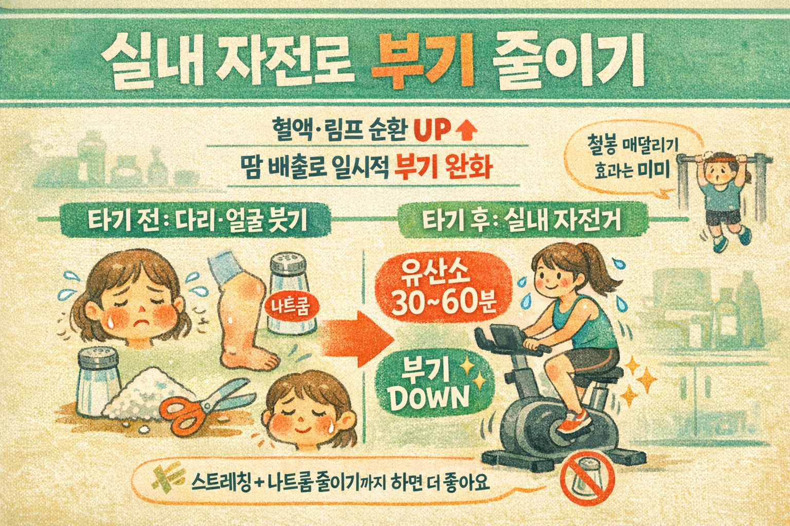 채정안 실내 자전거로 부기 빼기 효과? 혈액·림프 순환 높이는 유산소 30~60분 + 스트레칭 + 나트륨 줄이기