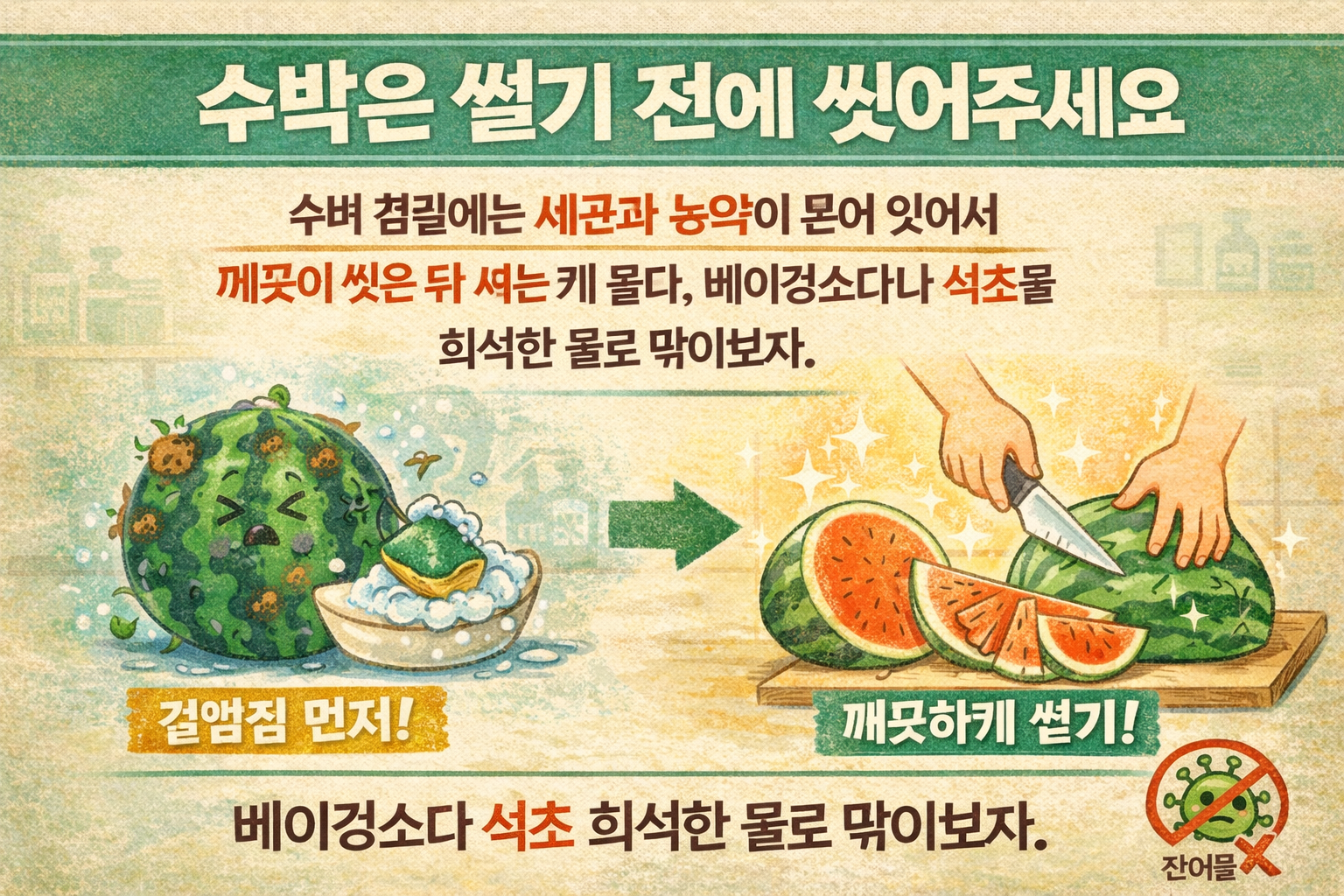 수박은 썰기 전 꼭 씻기: 베이킹소다·식초로 세척하는 법