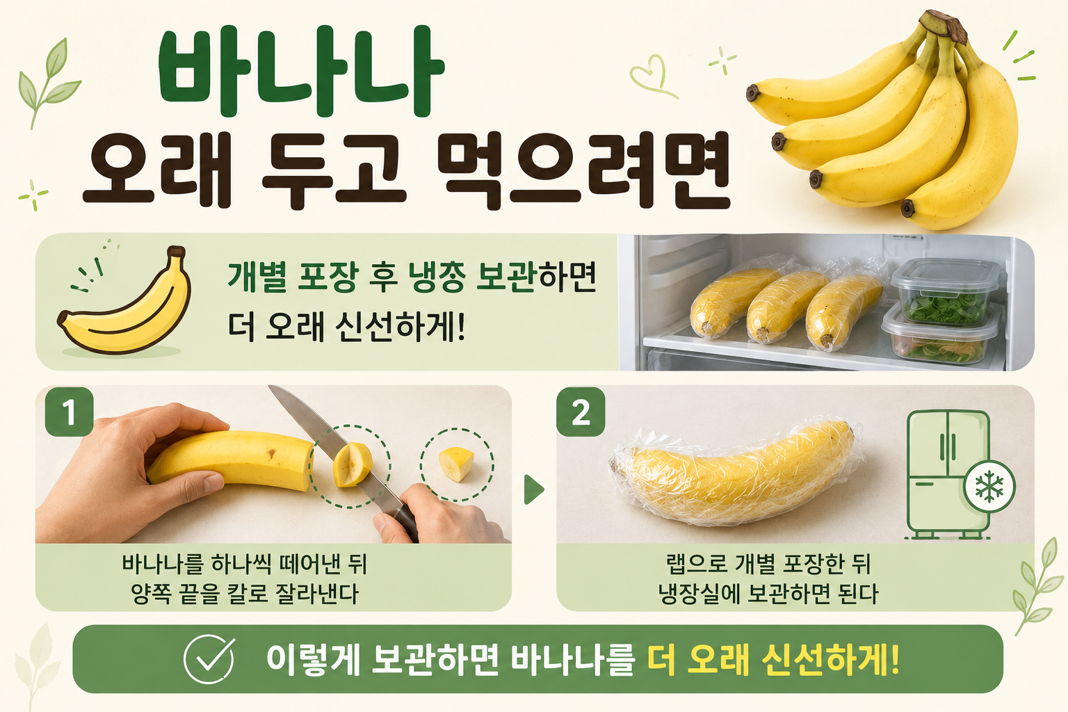 바나나 오래 보관하는 법, 랩으로 감싸 냉장 보관하면 신선함이 오래갑니다