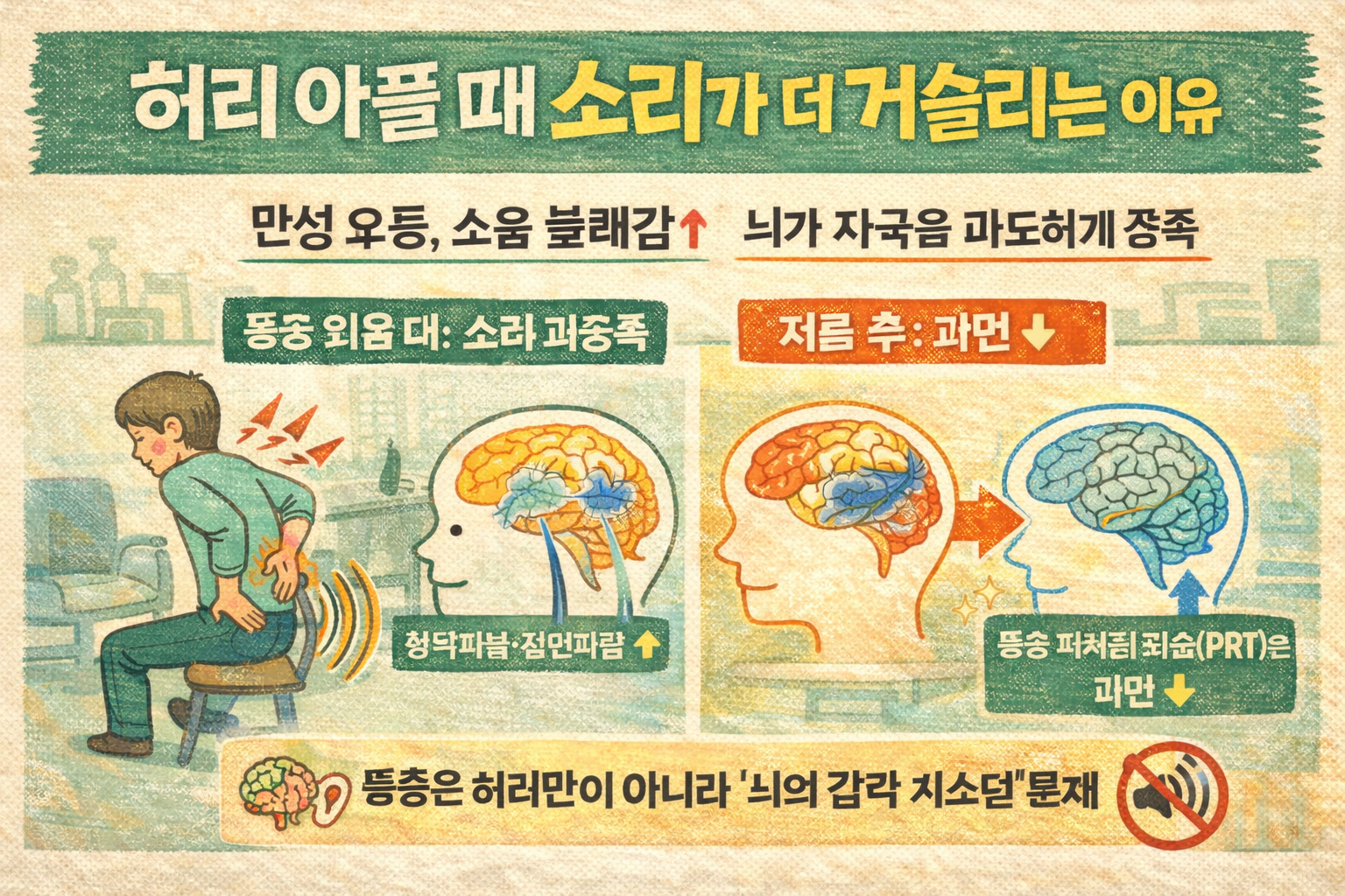 만성 요통 있으면 ‘의자 끄는 소리’가 더 거슬린다? 뇌 MRI가 본 소음 증폭, 통증 재처리 치료 효과