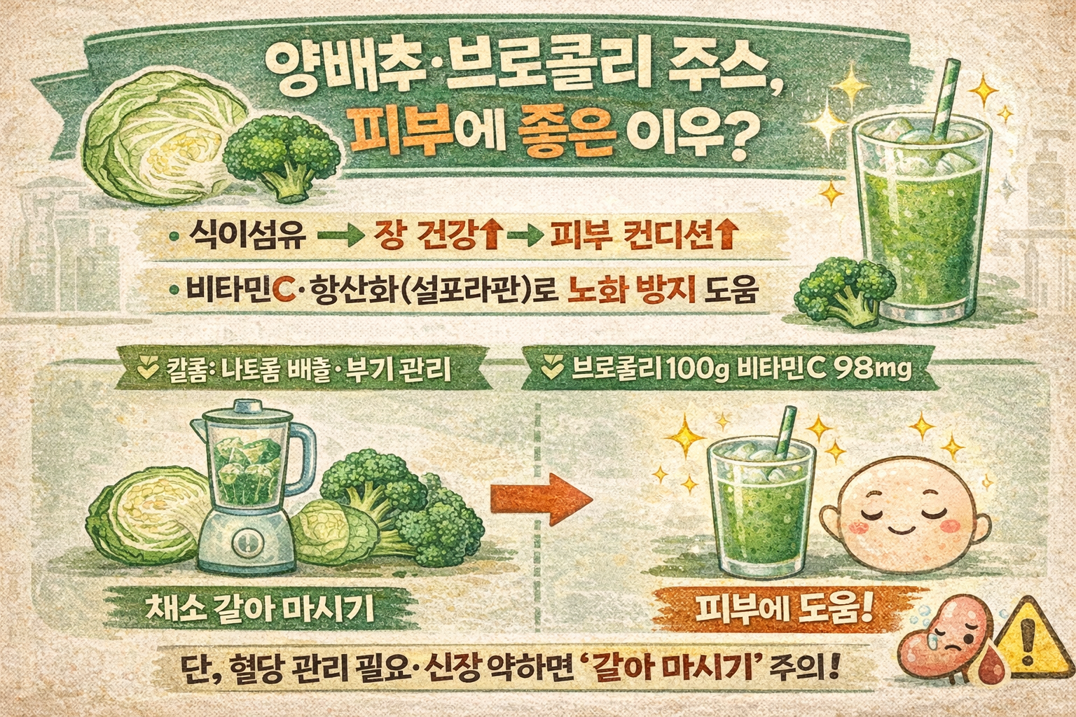 양배추·브로콜리 주스가 피부에 좋은 이유: 장 식이섬유+비타민C·설포라판 ‘저속노화’…혈당·신장 주의할 사람은?