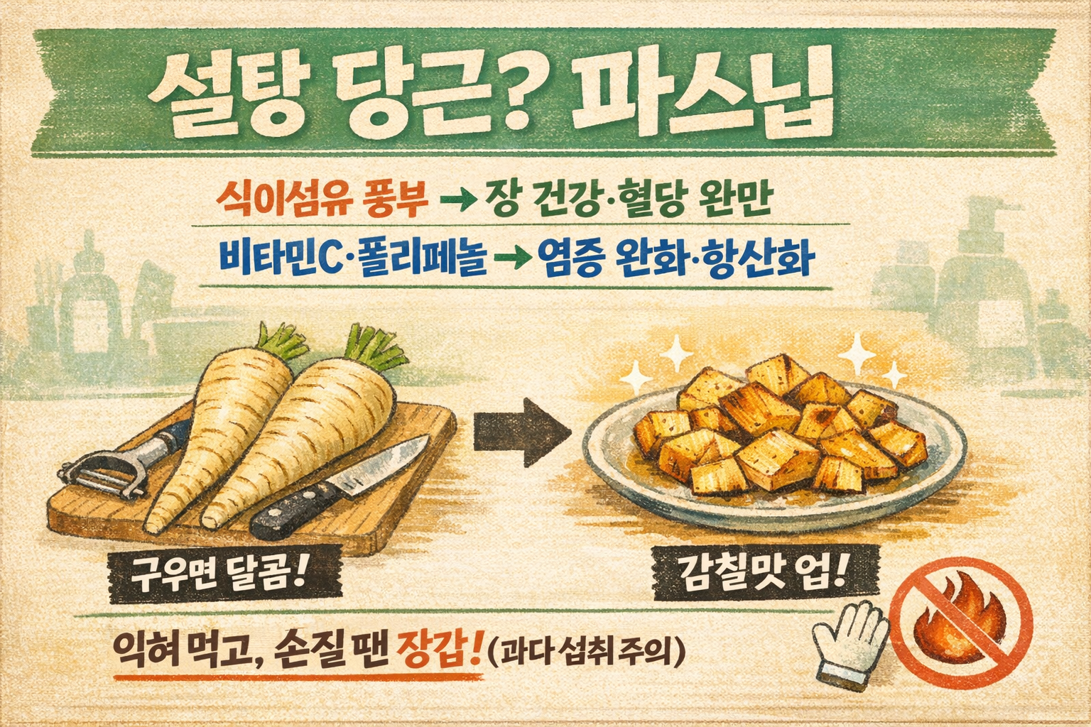 “무·당근 아니야!” 설탕 대신 쓰던 ‘파스닙’ 효능|식이섬유·염증완화 + 손질할 땐 장갑 필수