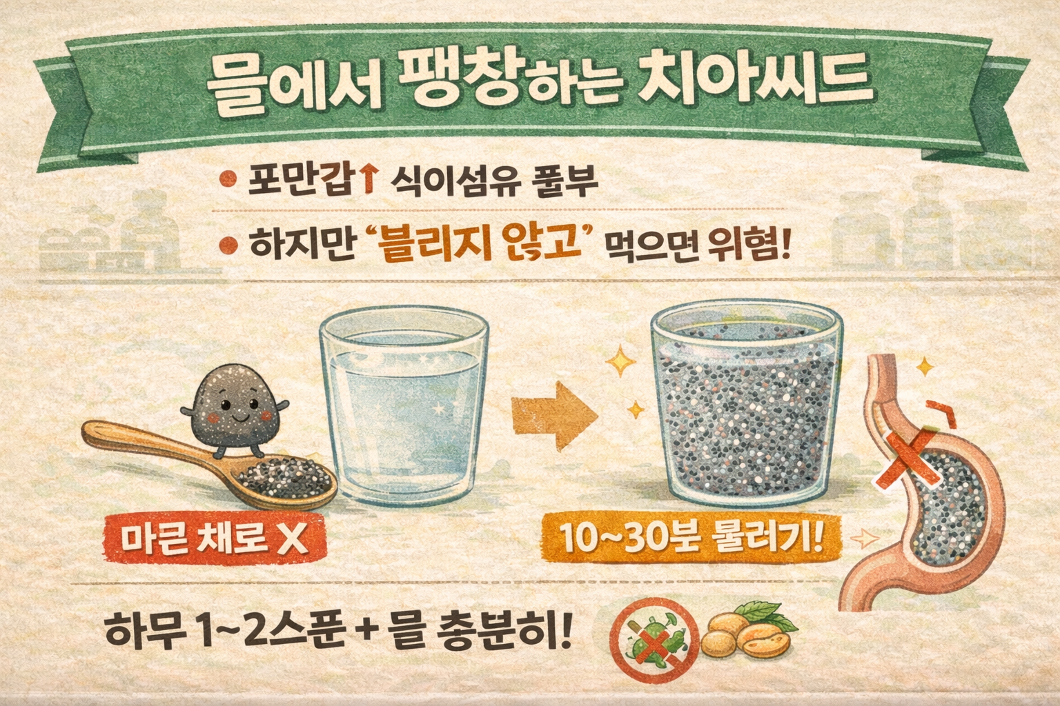치아씨드 “아랫배 쏙?” 물에서 팽창하는 이유와 효과, 식도 폐쇄 막는 안전 섭취법(불리는 시간·권장량)