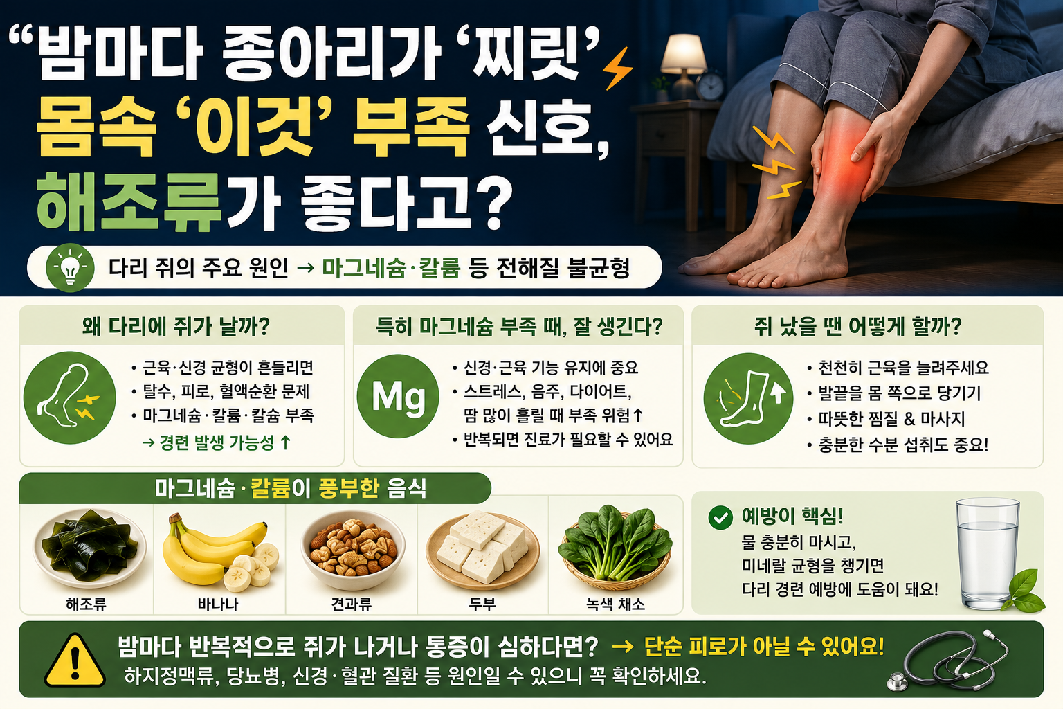 밤마다 종아리 찌릿하다면 몸속 마그네슘 부족 신호일 수 있습니다