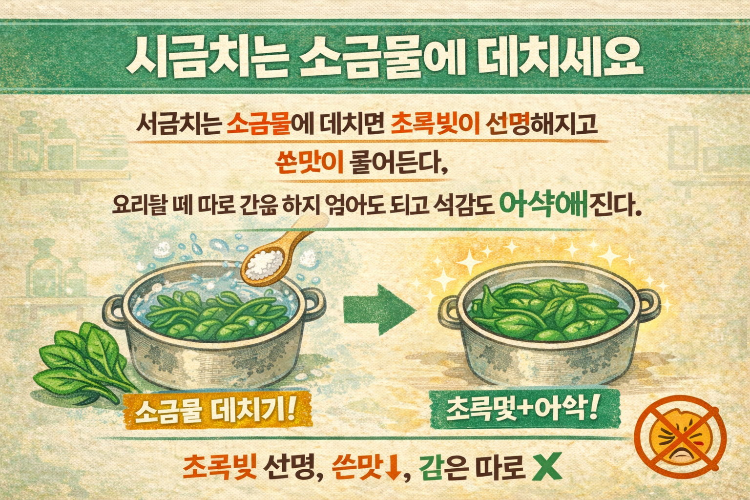 시금치 소금물 데치기: 더 초록하게, 덜 쓰게, 아삭하게 만드는 법