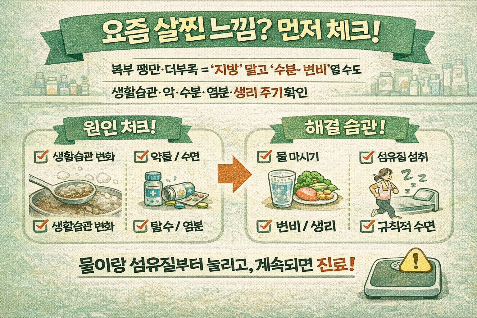 요즘 살 찐 느낌? 복부 팽만·변비·탈수부터 체크! 갑자기 체중 늘 때 확인할 7가지