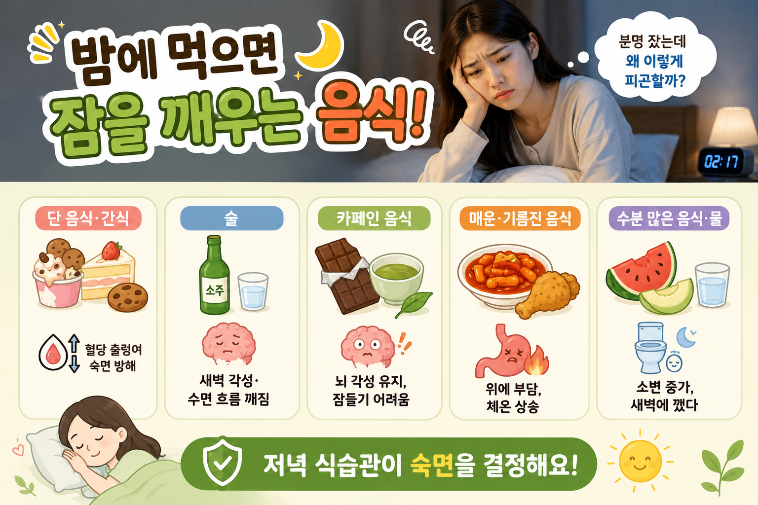 자도 자도 피곤하다면? 새벽에 깨게 만드는 최악의 저녁 음식 5가지